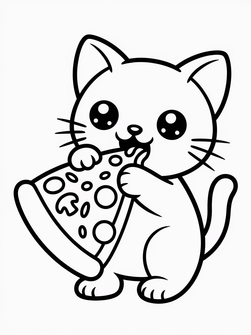 A kawaii cat eating a pizza - Free Coloring Page