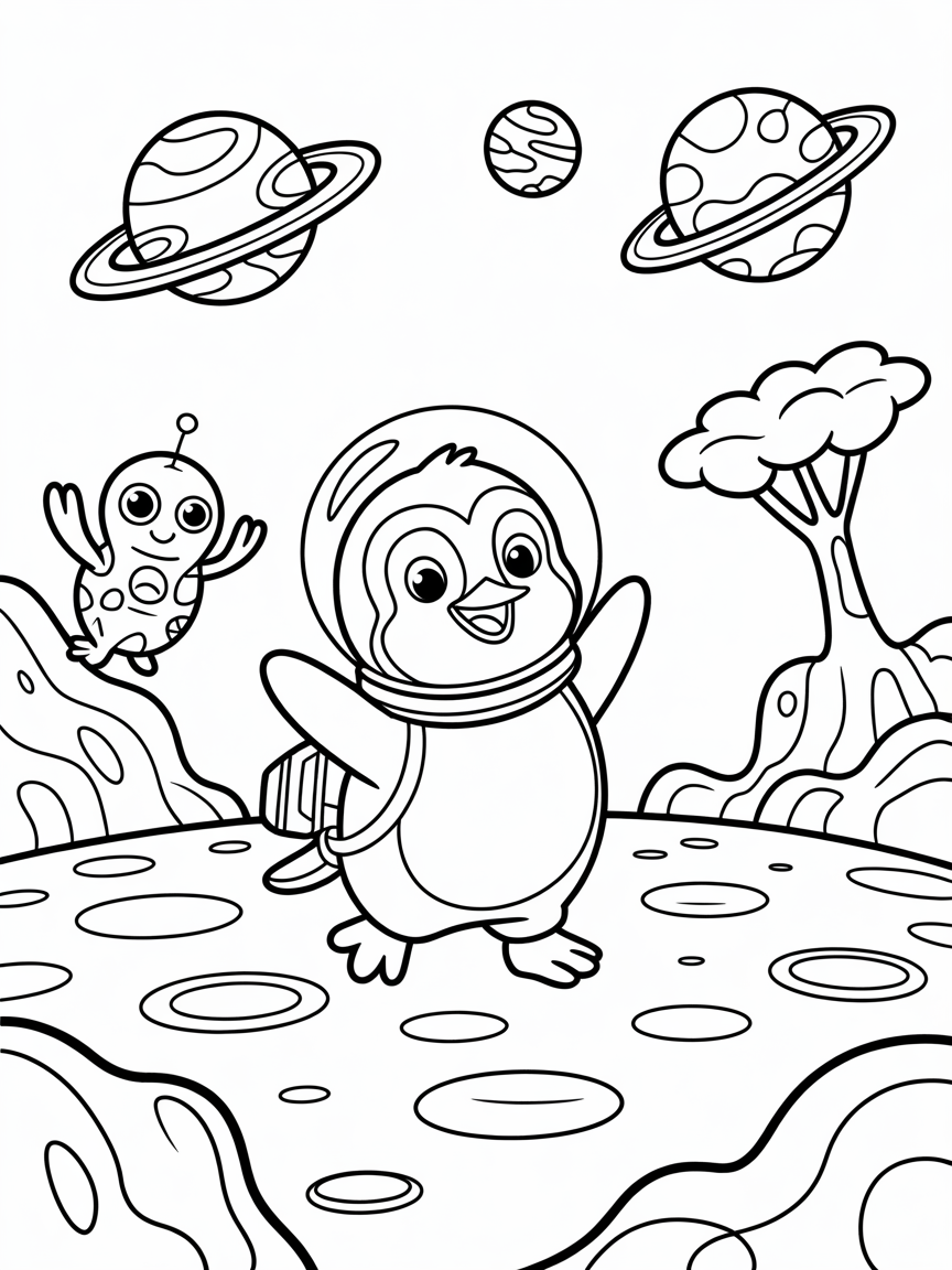 Space penguin exploring outer planets - Free Coloring Page