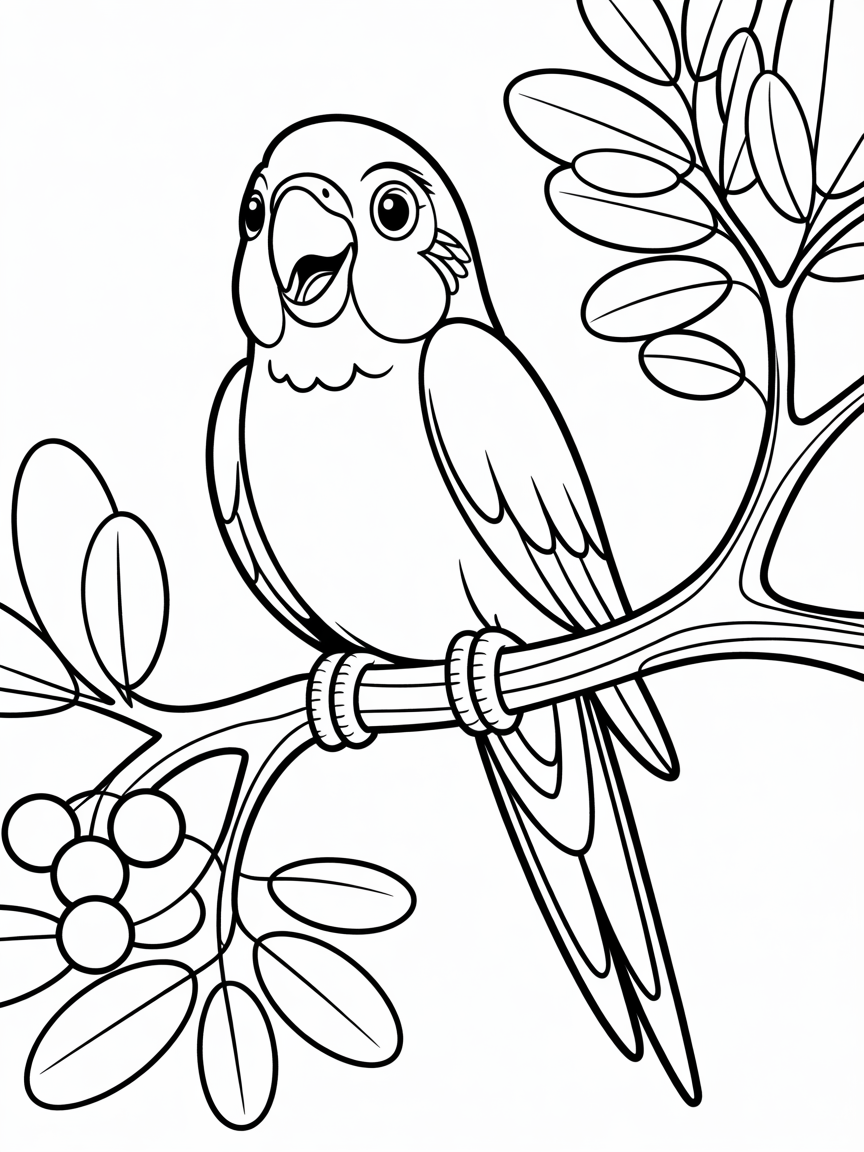 A parakeet singing on a tree - Free Coloring Page
