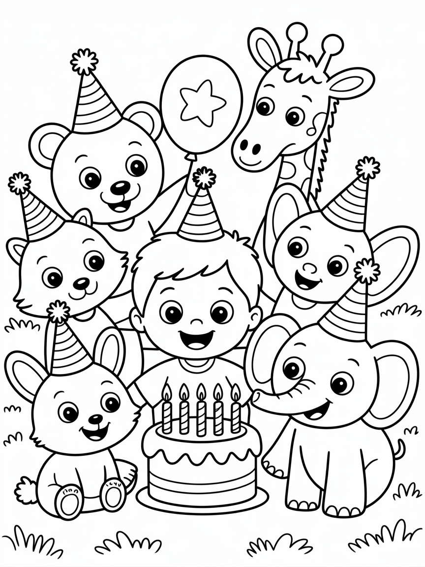 a boy celebrating his birthday with aniomals friend such as bear, fox, rabbit, girrafe and elephant - Free Coloring Page