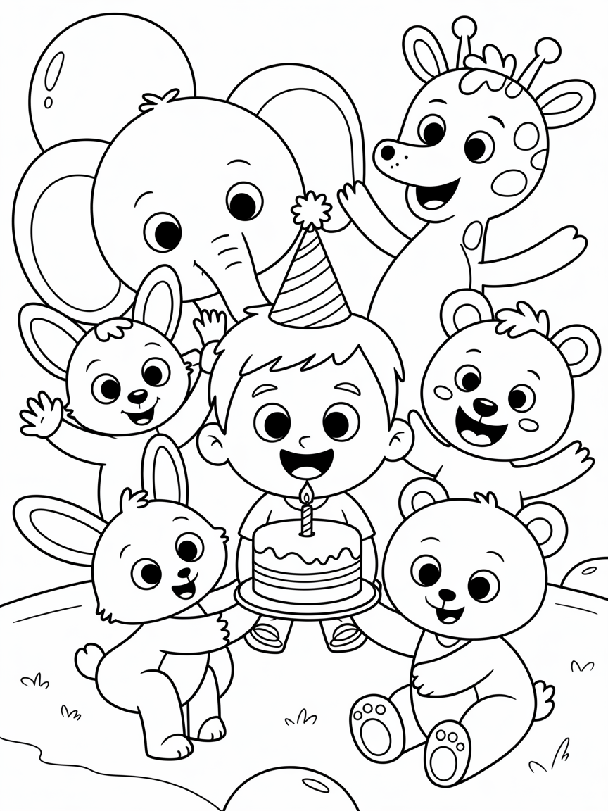a boy celebrating his first birthday with his animal friends such as elephant, fox, rabbit, girrafe and bear - Free Coloring Page