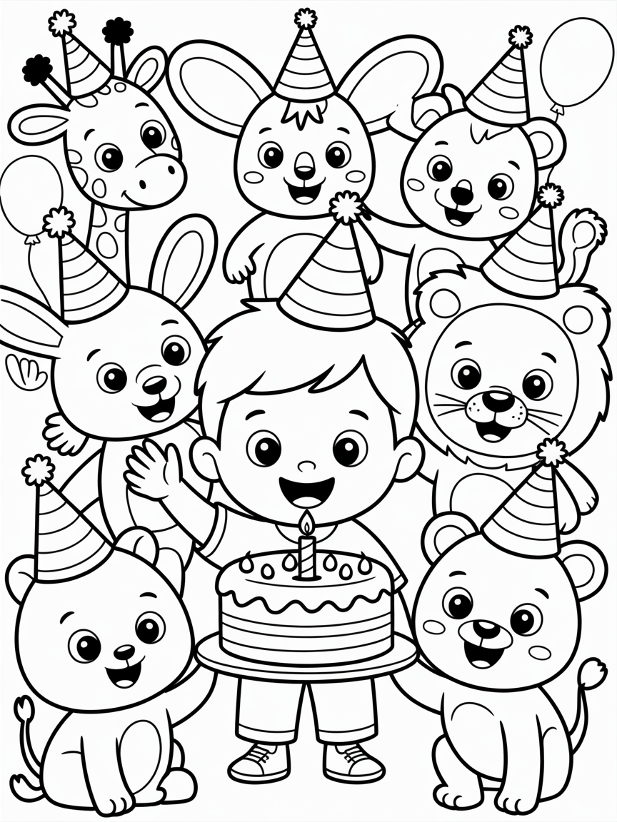 a boy celebrating his first birthday with animal friends such as girrafe, elephant, rabbit, lion, fox, and bear. all of them wearing birthday hat - Free Coloring Page