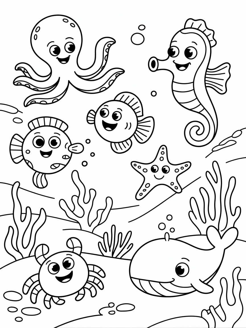 Underwater creatures - Free Coloring Page