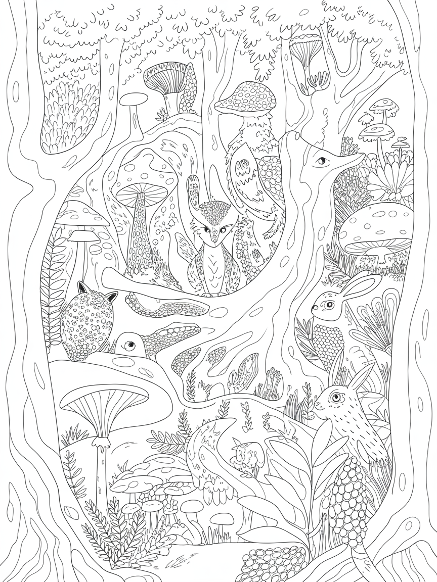 Mushrooms wild animals magical forest - Free Coloring Page