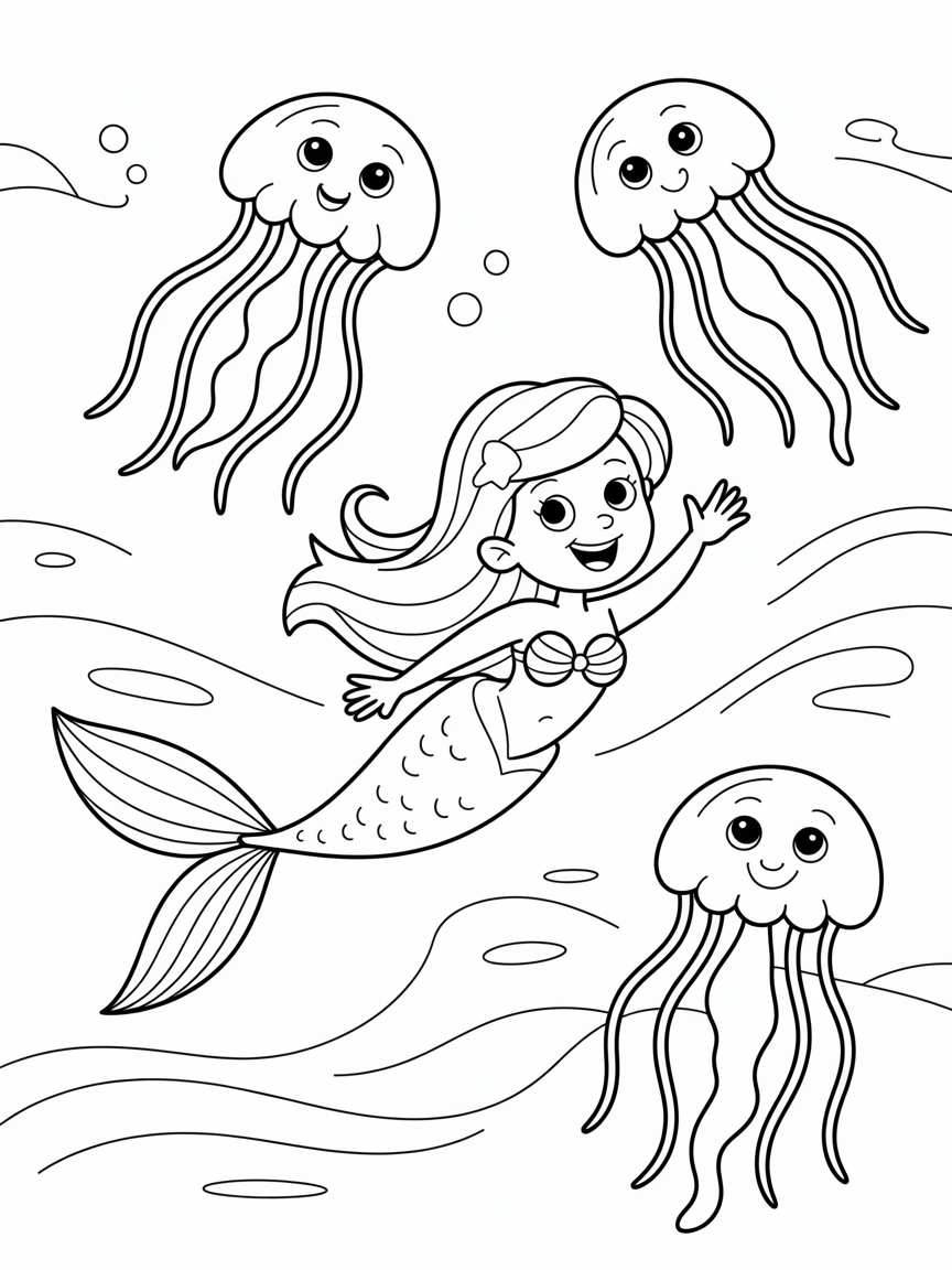 Mermaid swimming with jellyfish friends - Free Coloring Page
