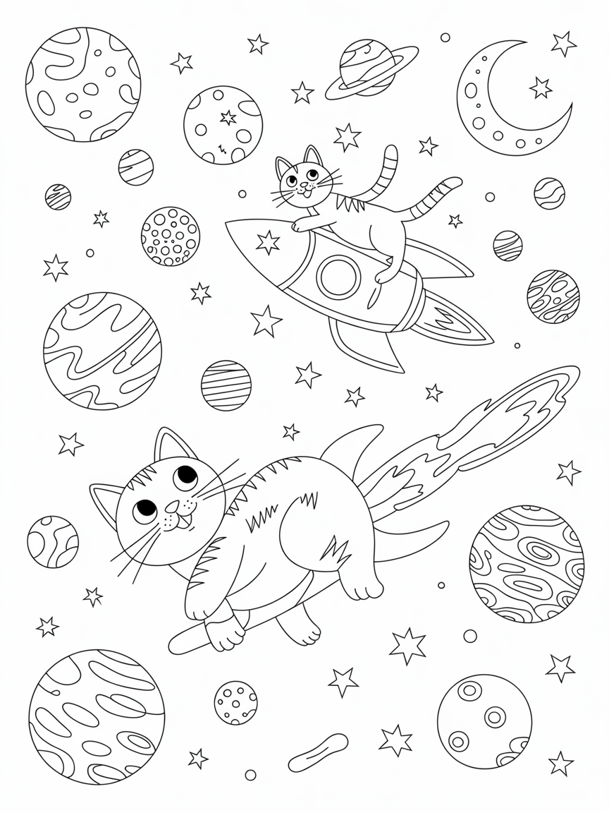 Cats in outer space - Free Coloring Page