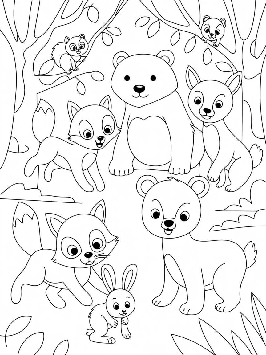 Wild animals in a forest , make sure to include foxes please - Free Coloring Page