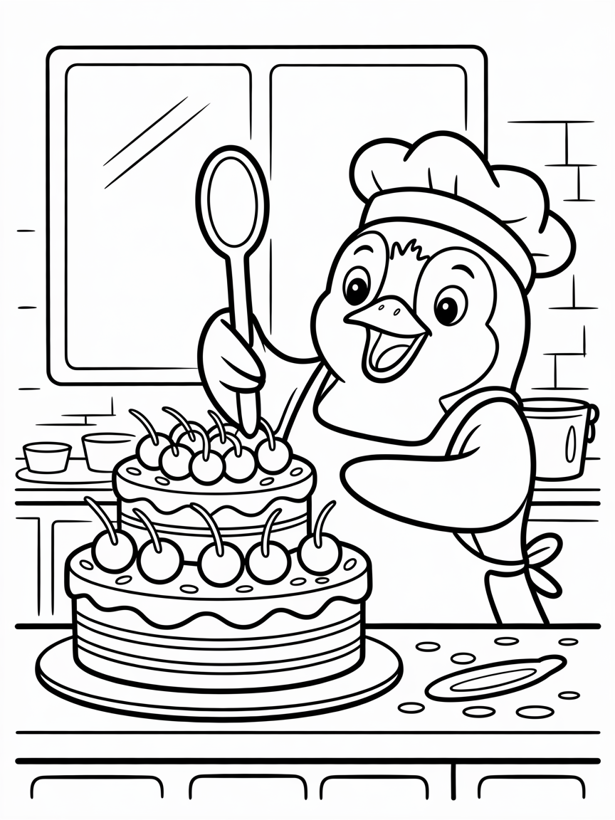 Penguin baking a giant cake - Free Coloring Page
