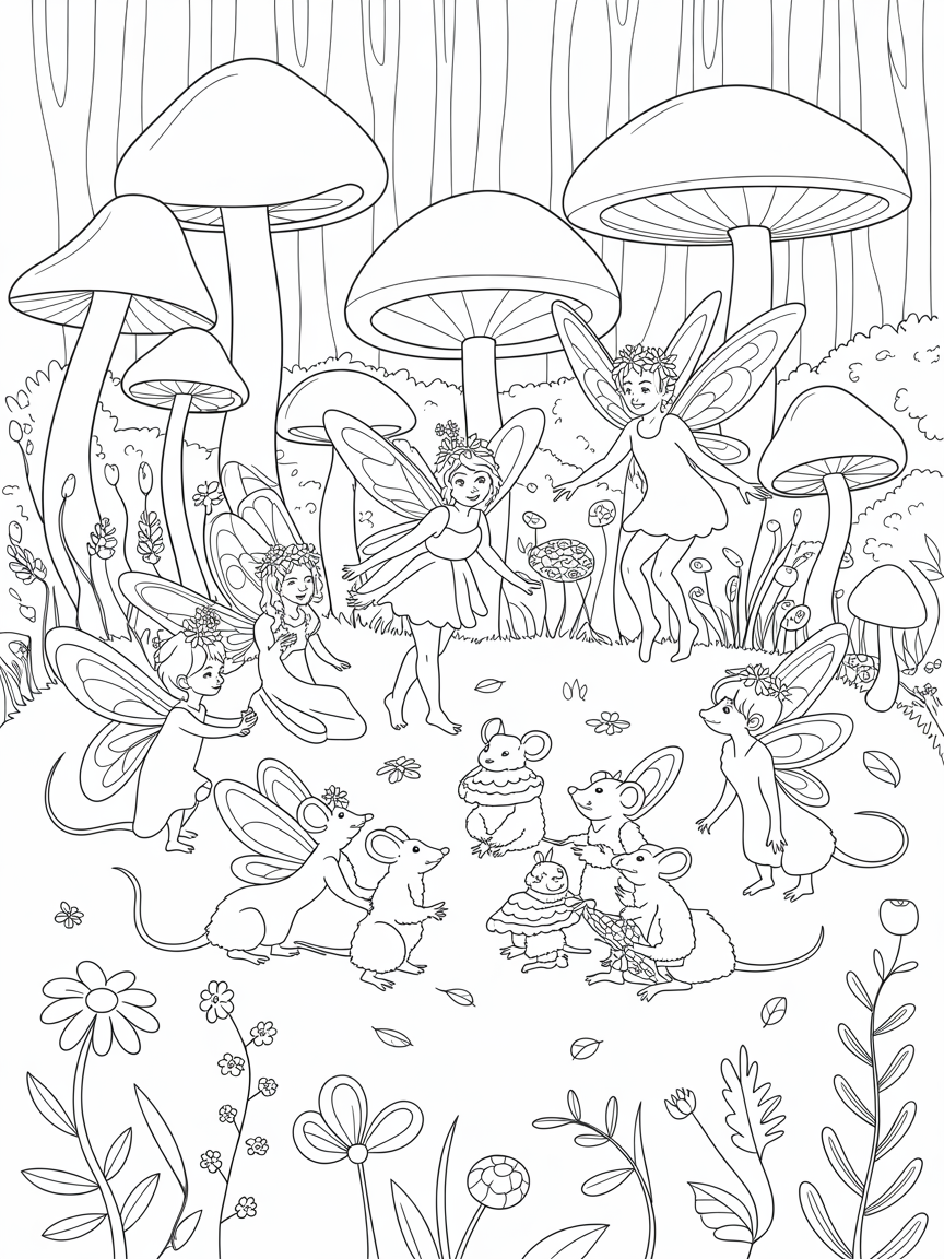Mice fairies mushrooms party - Free Coloring Page