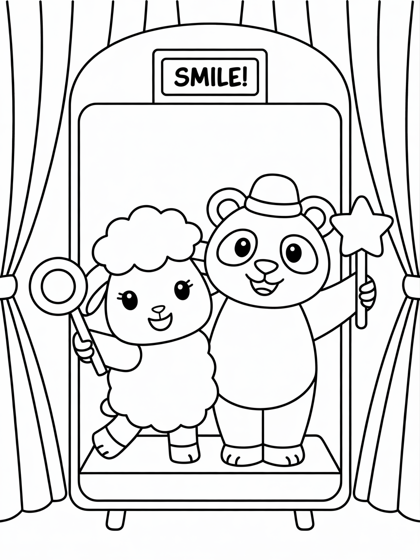 two cute animals taking a photo together on a photo booth - Free Coloring Page