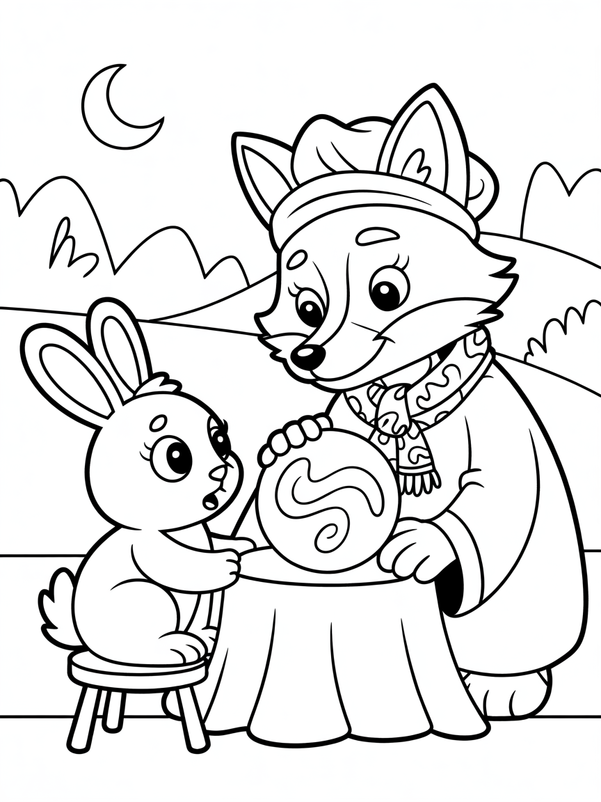 a cute fox dressed as fortune teller reading a cute bunny's fortune - Free Coloring Page