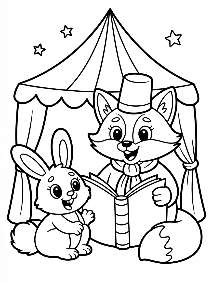 a cute fox dressed as fortune teller reading a cute bunny's fortune inside a tent - Free Coloring Page