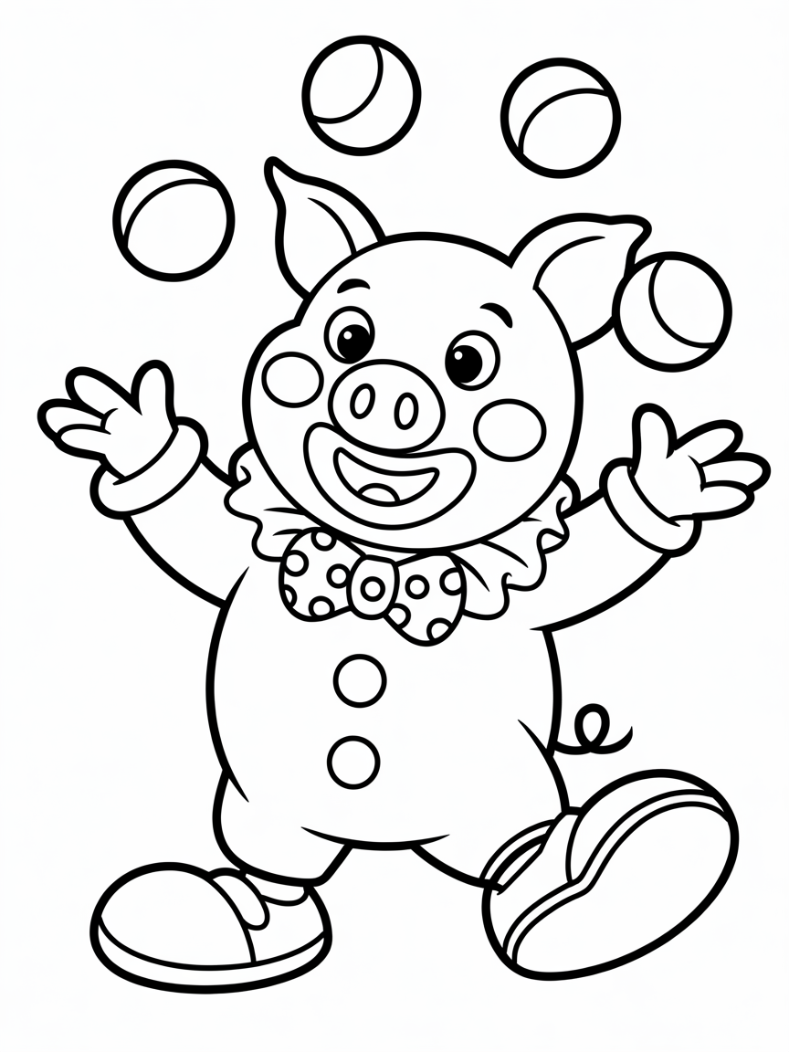 a cute pig dressed as a clown juggling balls - Free Coloring Page