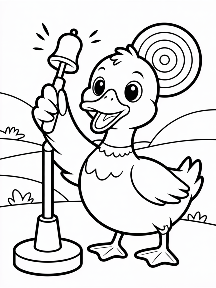 a cute baby duck gettint the highest score on high striker - Free Coloring Page