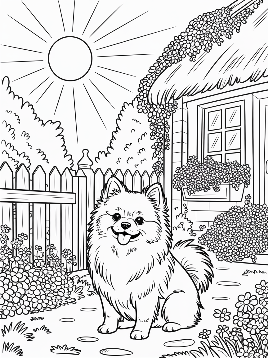 Tan Pomeranian sitting outside of a country cottage on a warm sunny day - Free Coloring Page