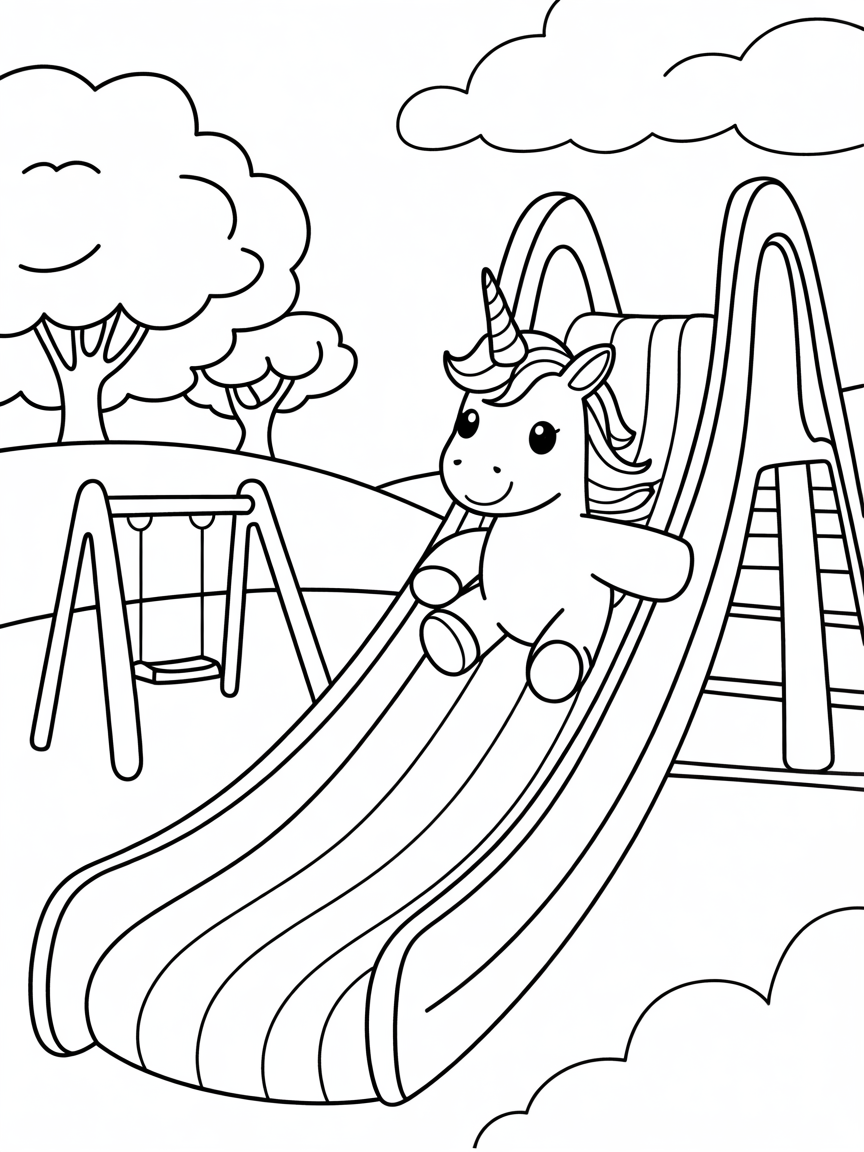 Unicorn slide at a rainbow playground - Free Coloring Page