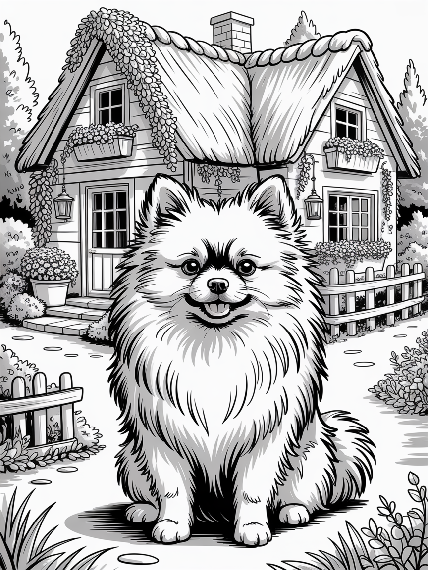 Pomeranian in front of a country cottage - Free Coloring Page