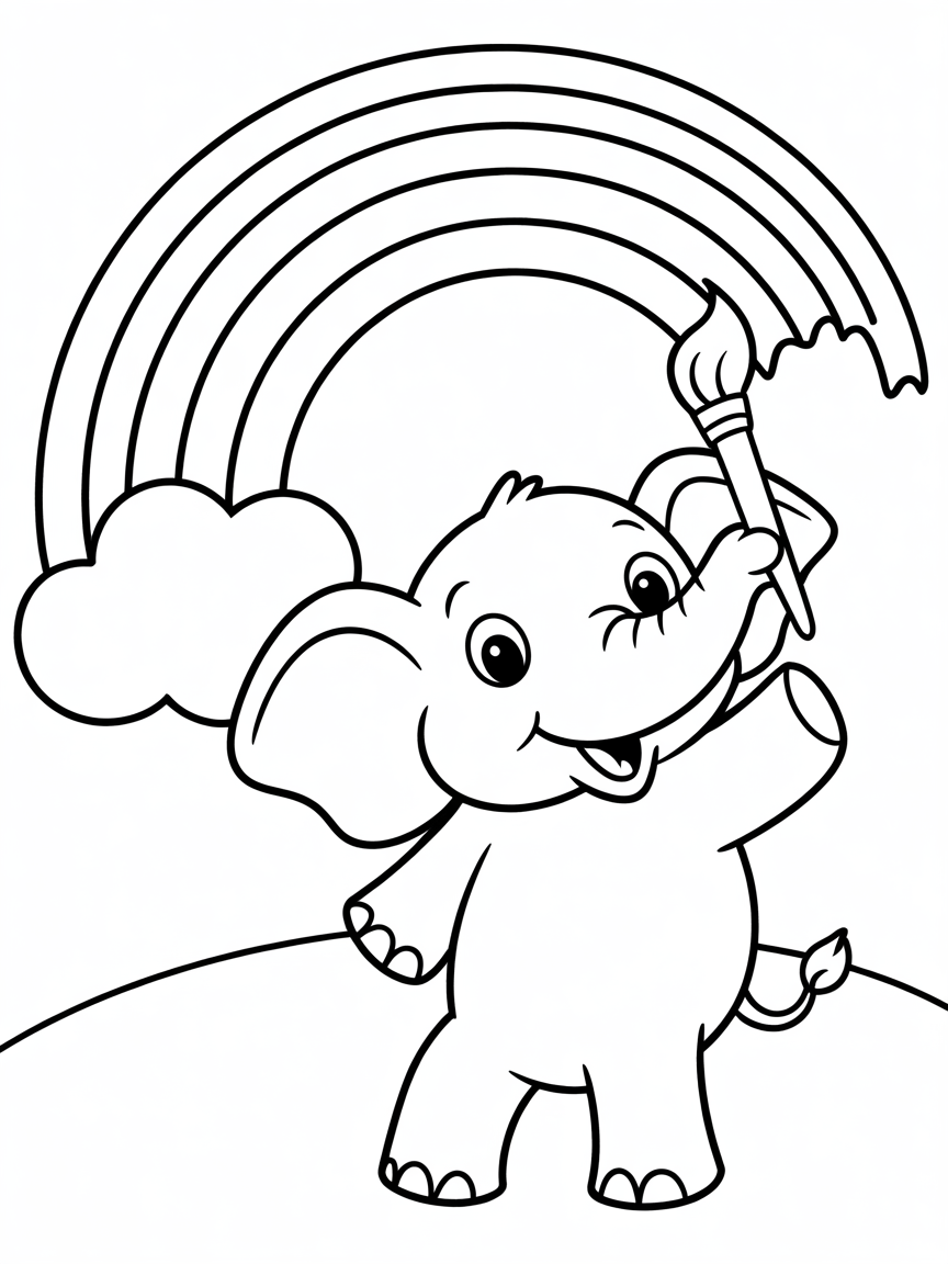 Elephant painting a rainbow sky - Free Coloring Page