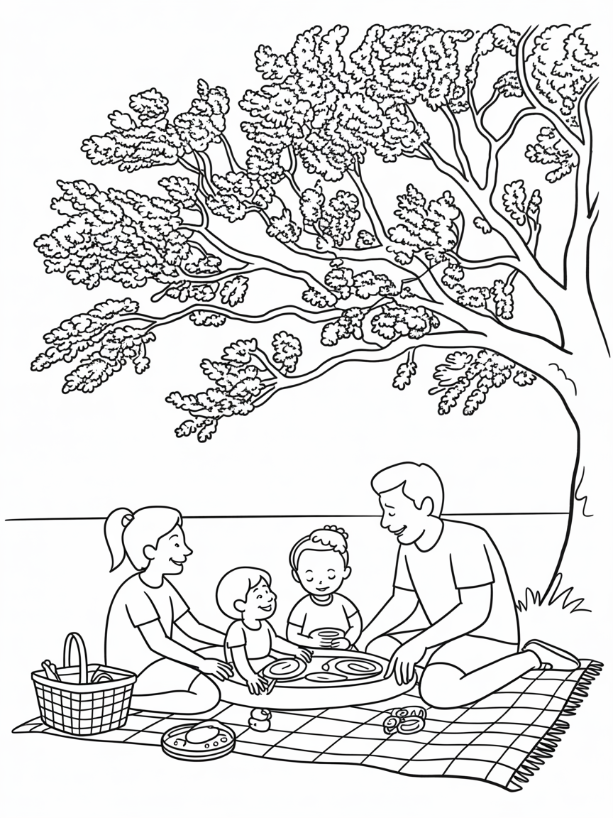 A family having a picnic under a jacaranda tree - Free Coloring Page