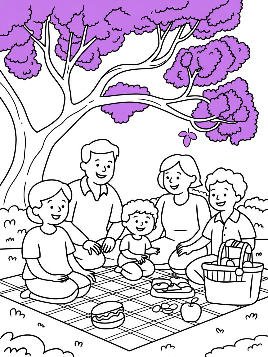 A family of five, a father, a mothers, a grandfather, grandmother and a boy having a picnic under a jacaranda tree - Free Coloring Page