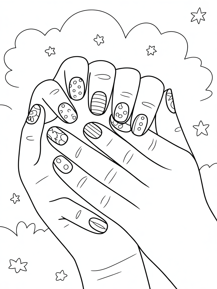 Realistic hand with Fancy finger nail designs - Free Coloring Page