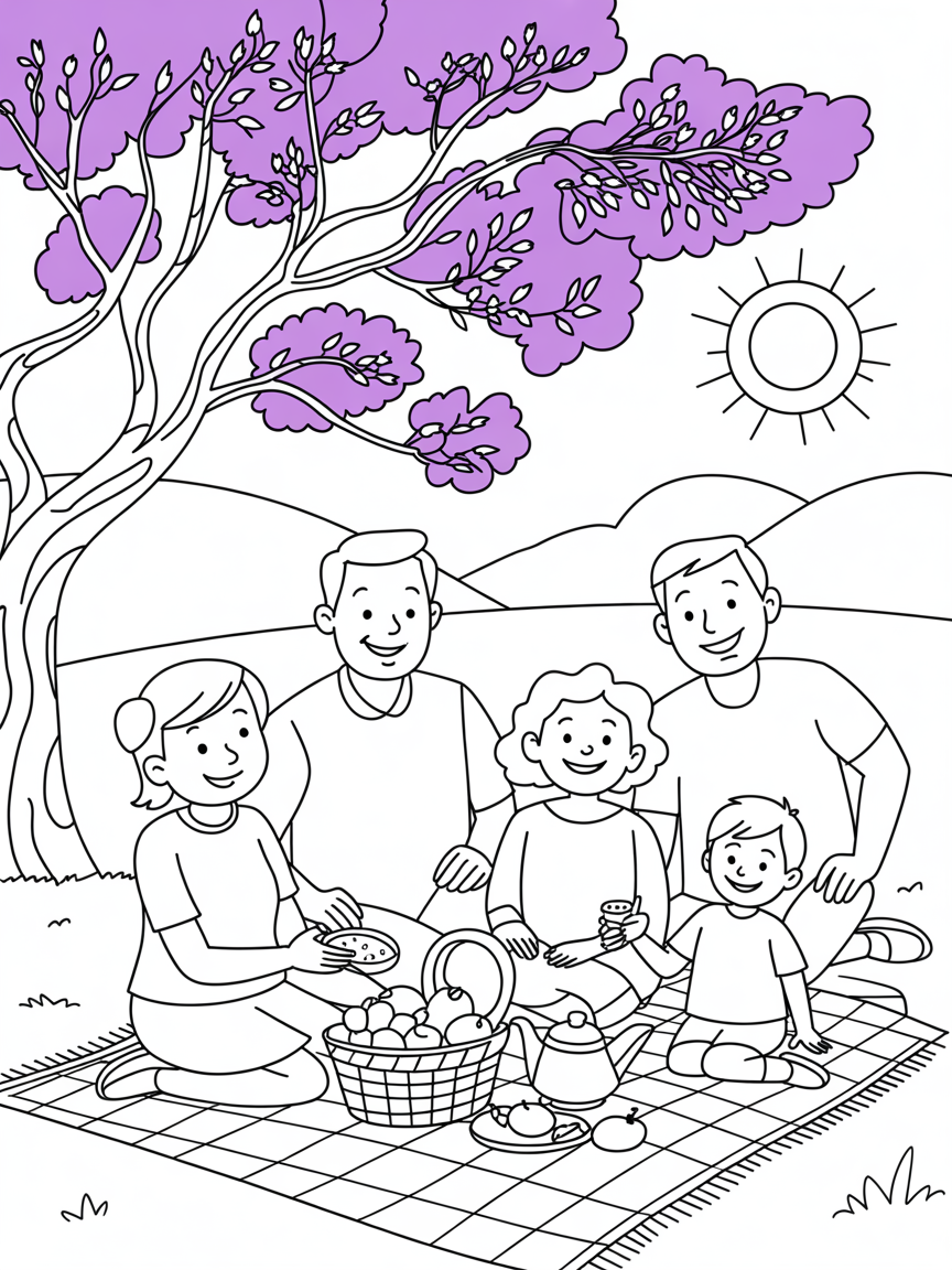 A family of five, the father, the mother, the grandfather, the grandmother and a boy having a picnic under a jacaranda tree. - Free Coloring Page