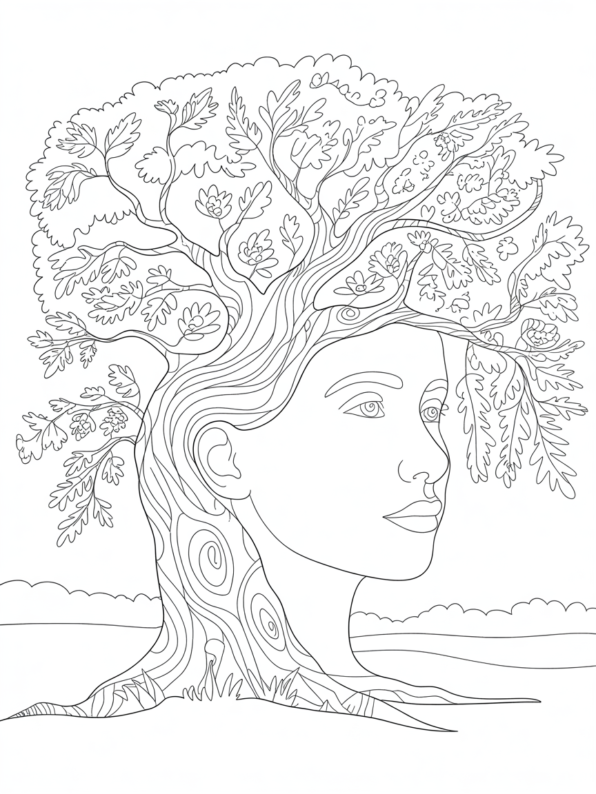 A tree that outline the silhouette of a girl's face - Free Coloring Page
