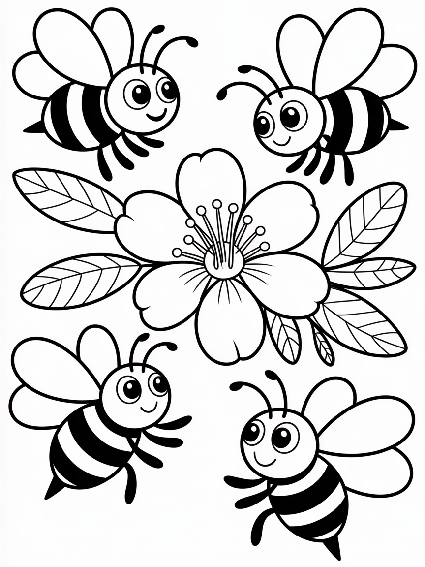 Bees on a almond flower blossom - Free Coloring Page
