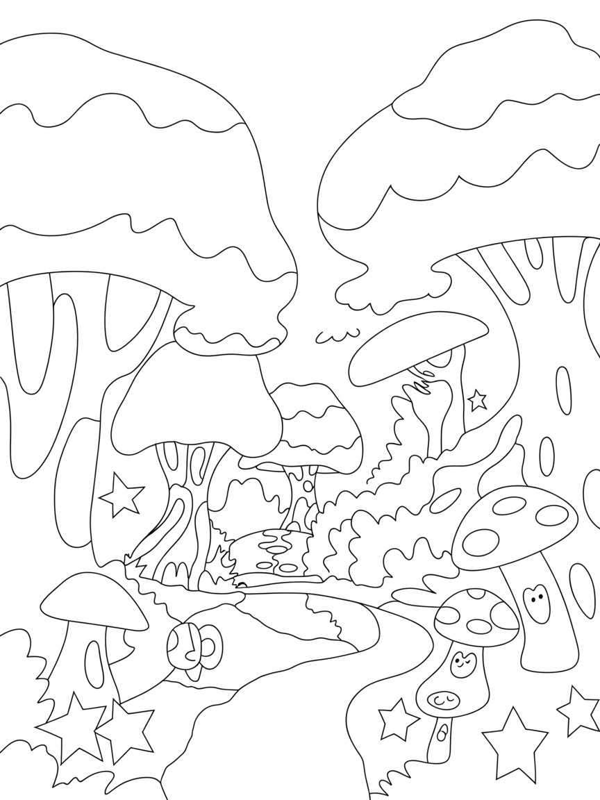 Fairy forest with magical stars - Free Coloring Page