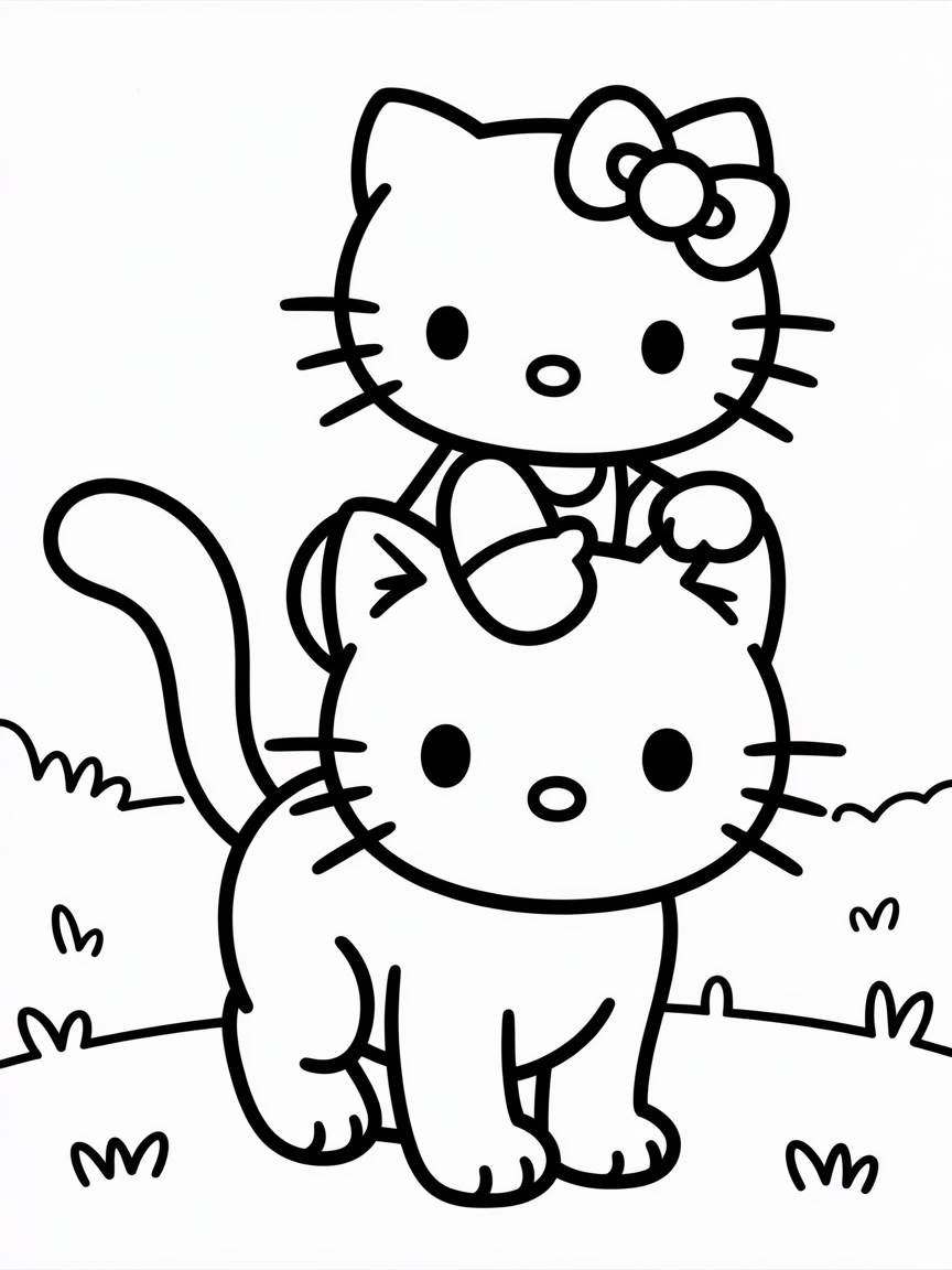 Hello kitty on a cat - Free Coloring Page