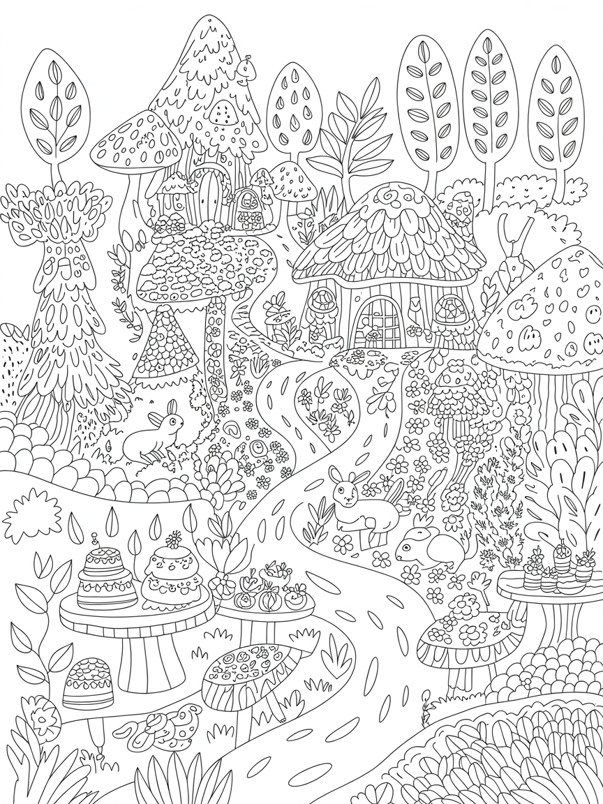 Detailed fairy land with houses seats food animals water trees mushrooms - Free Coloring Page