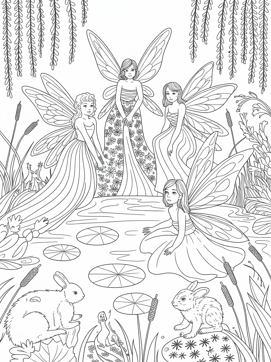 Fairies at a pond - Free Coloring Page