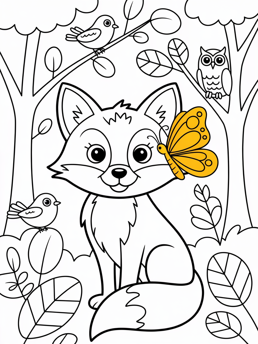 A red fox with a butterfly on its nose and its sitting in a forest with robins in trees and an owl in one tree during autumn - Free Coloring Page