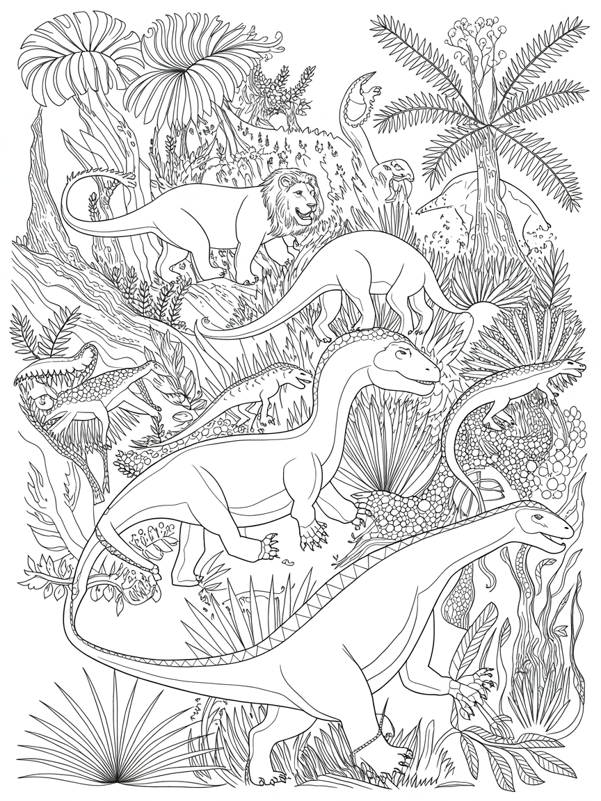 Lions and dinosaurs in a jungle - Free Coloring Page