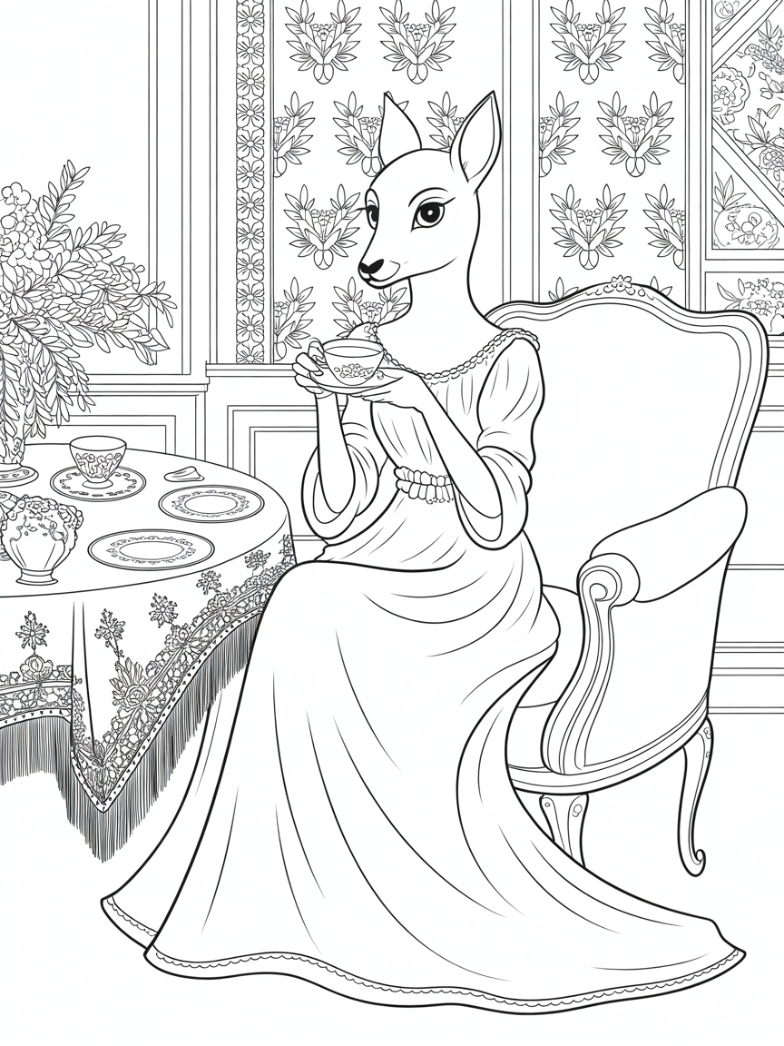 An anthropomorphic doe in lady's Edwardian era clothing, drinking tea - Free Coloring Page