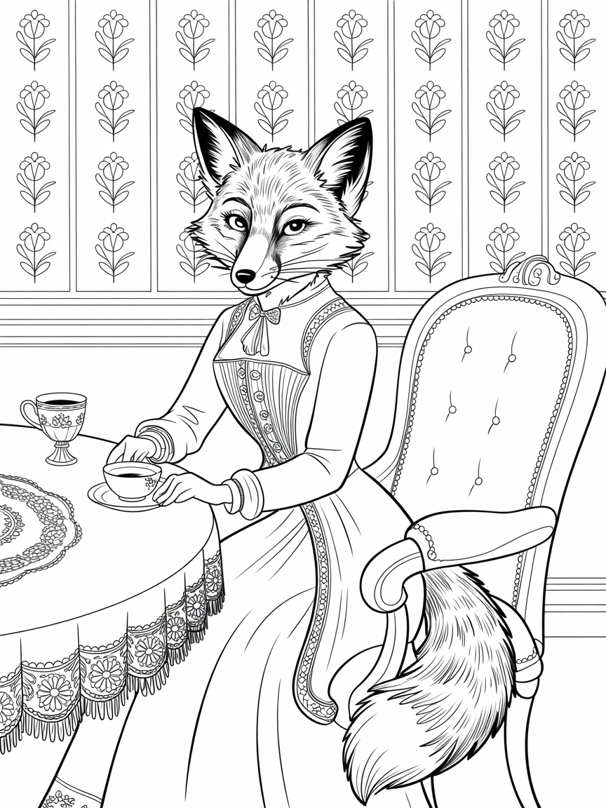 An anthropomorphic fox in lady's Edwardian era clothing, drinking tea - Free Coloring Page