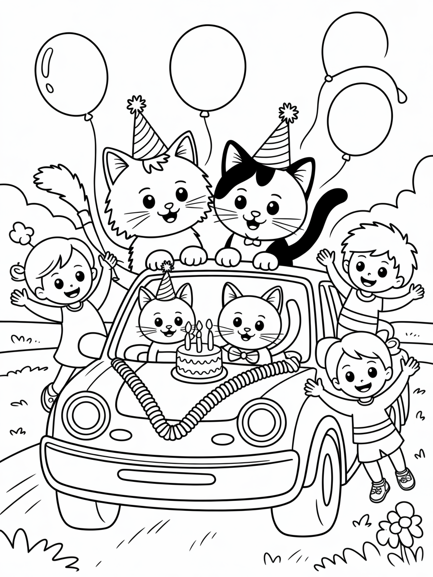 Car birthday party. 2 cats are celebrating- one is a fluffy tuxedo cat and the other is white with black patches. Guests are cats and children - Free Coloring Page