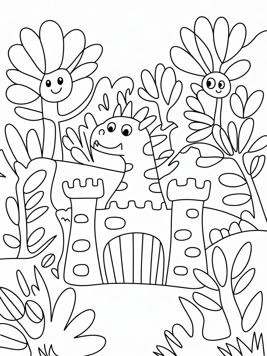 Dragon castle forest - Free Coloring Page