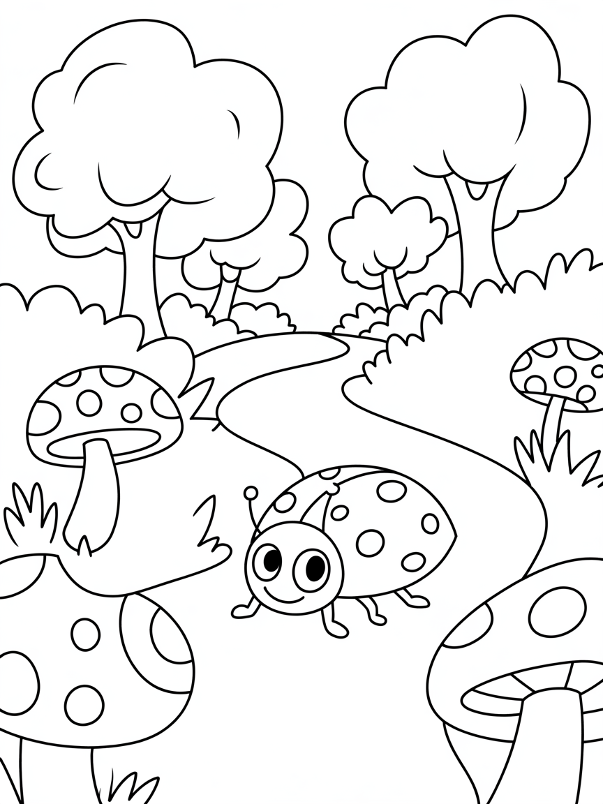 a ladybug walking through a forest - Free Coloring Page