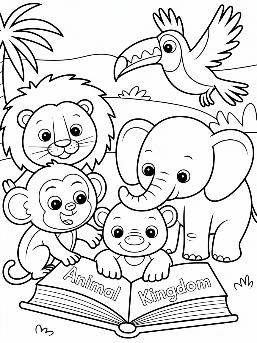 animal kingdom book adventure coloring page simple black thick linie, no grey scale - Free Coloring Page