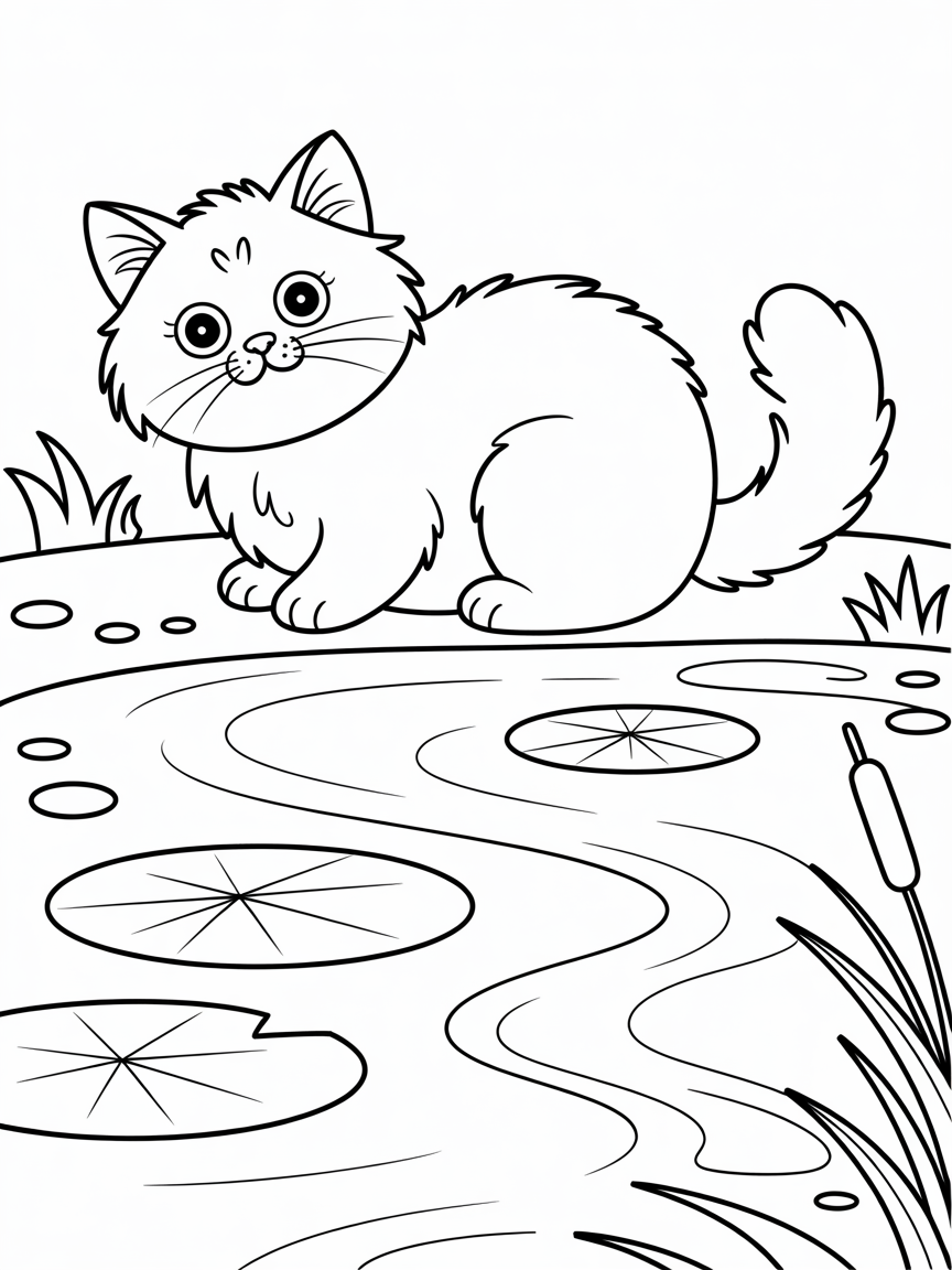 Birman cat next to a pretty stream - Free Coloring Page