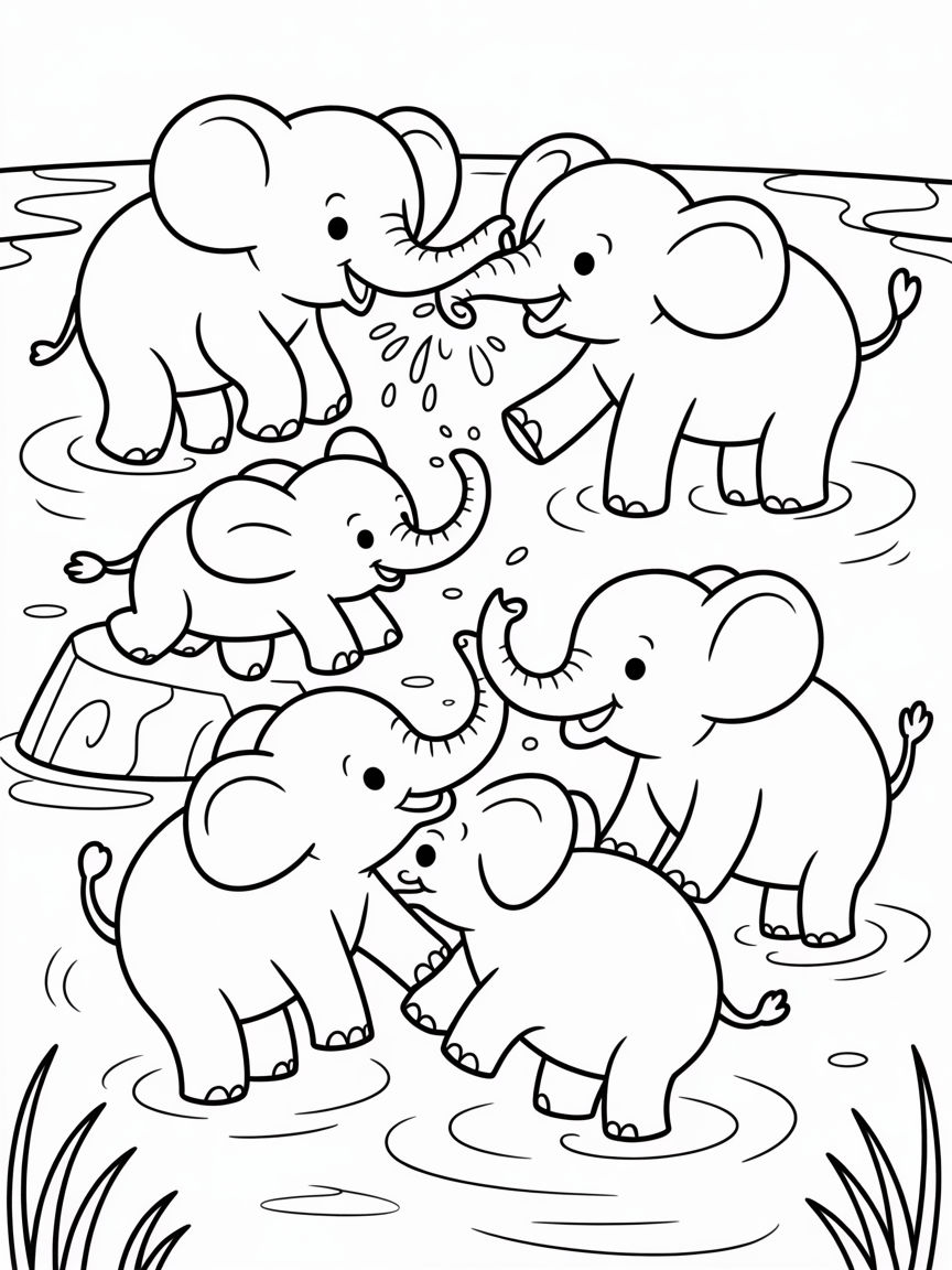 Elephants playing in the water - Free Coloring Page