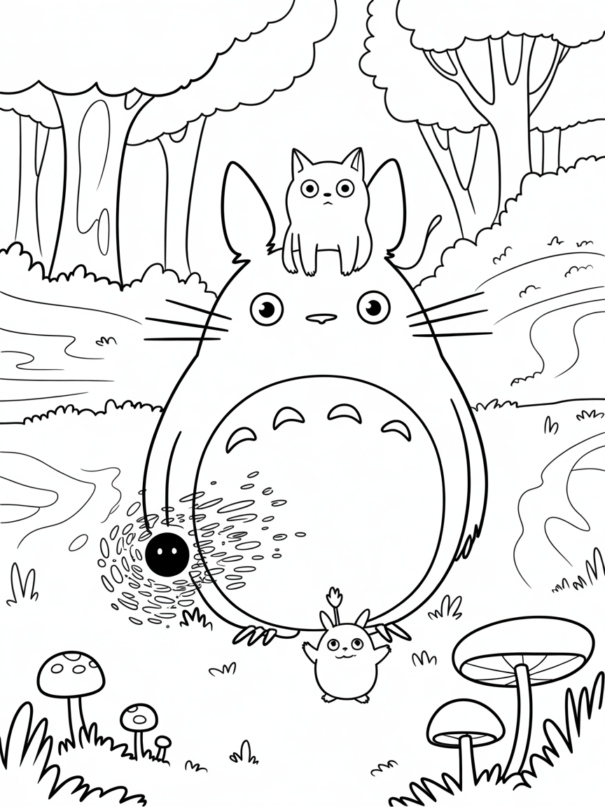 Totoro and friends - Free Coloring Page