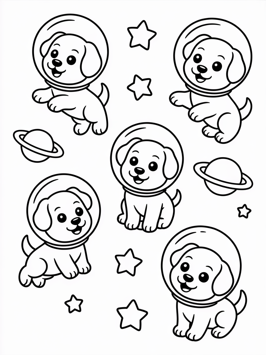 Space puppies in astronaut helmets - Free Coloring Page