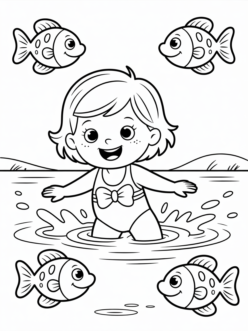 A little girl swimming in the sea - Free Coloring Page