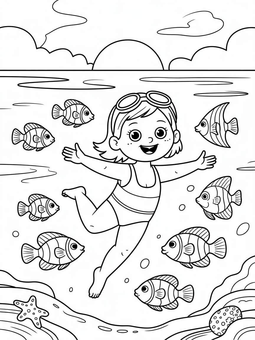 A little girl swimming in the sea in the North Sea. It's a Sunny day and there are lots of fish in the water - Free Coloring Page
