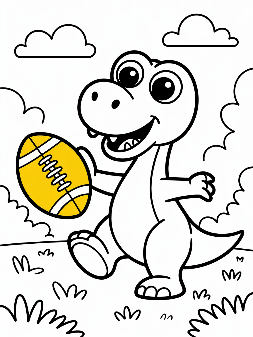 A friendly dinosaur playing football - Free Coloring Page