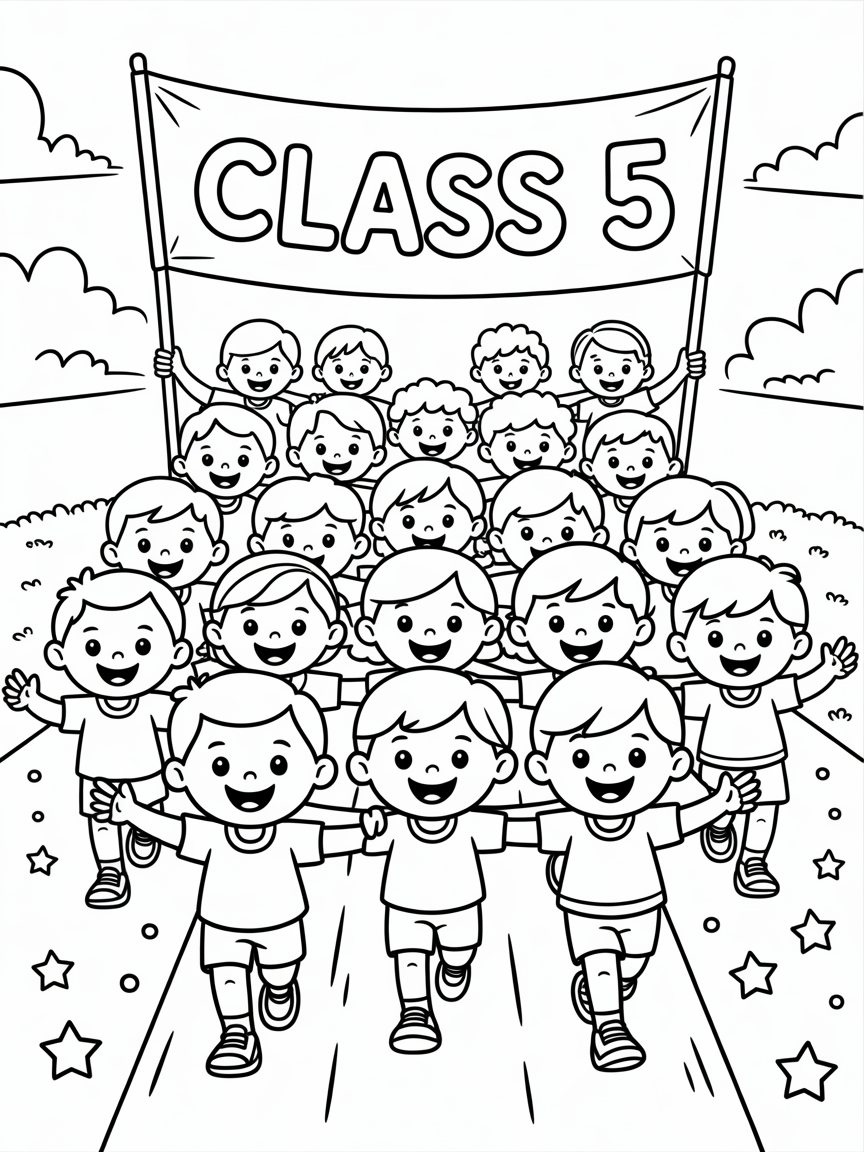 30 school children holding a banner that says class 5 - Free Coloring Page