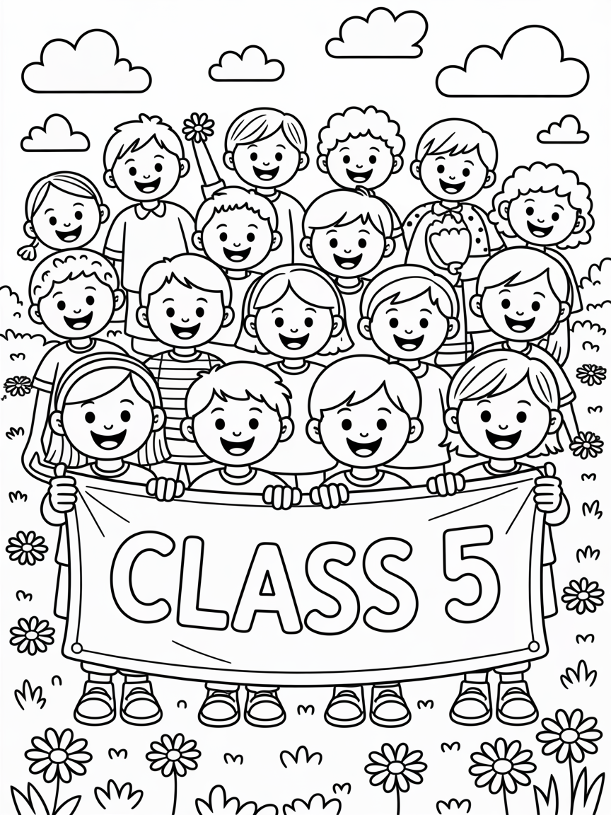 28 boys and girls holding a banner that says class 5 - Free Coloring Page
