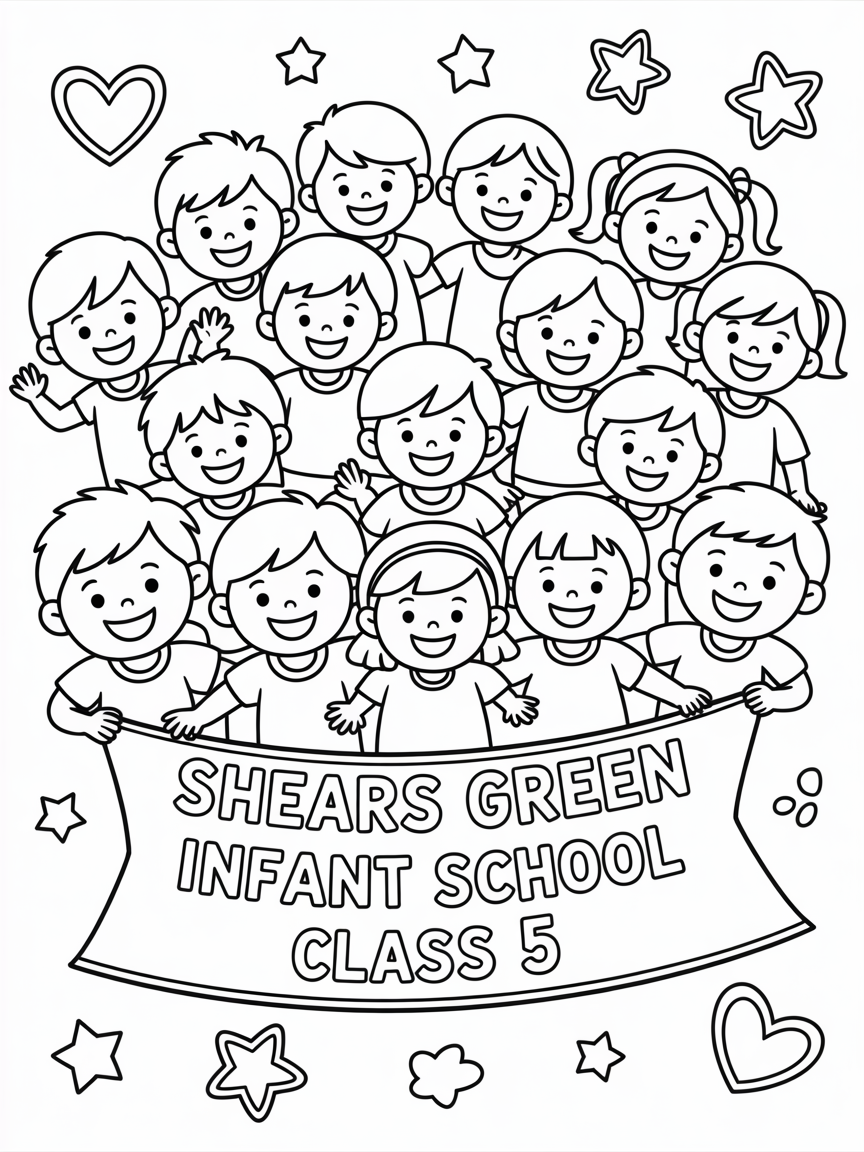 28 boys and girls and 2 ladies holding a banner that says Shears Green Infant School Class 5 - Free Coloring Page